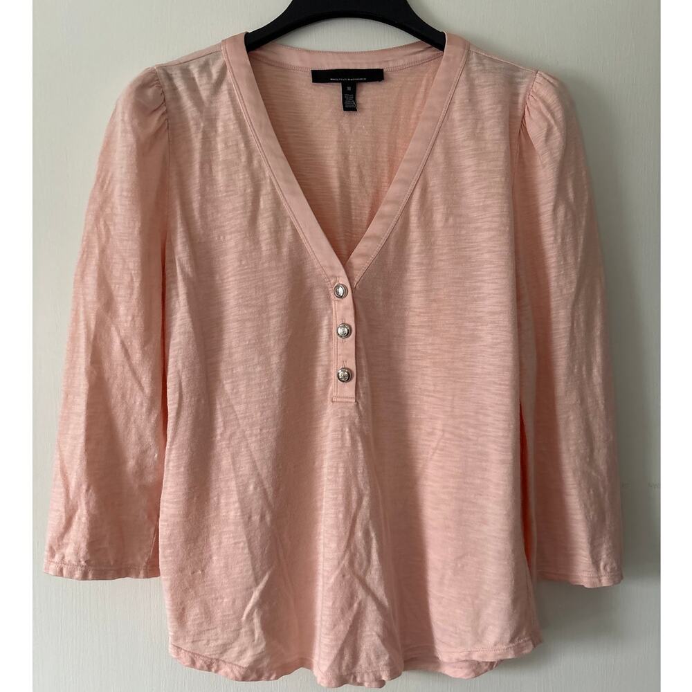 WHBM Blush Pink V-Neck Henley Top Blouse 3/4 Sleeve Size Medium